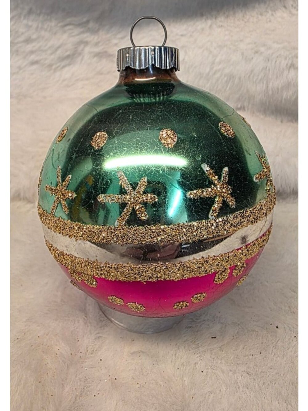 Vintage 3" Mercury Glass Gold Mica Stenciled Shiny Brite Christmas Ornament